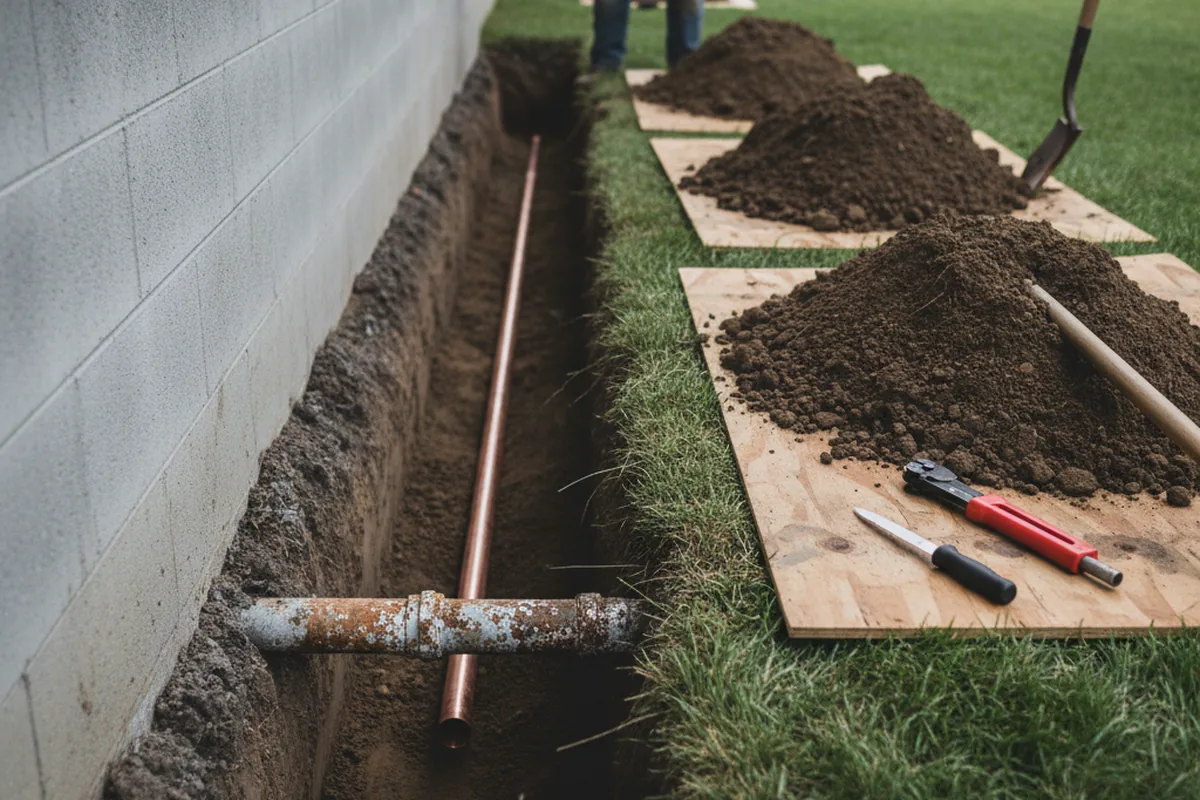 Excavated water line trench during Water Softener Installation in Shaver Lake